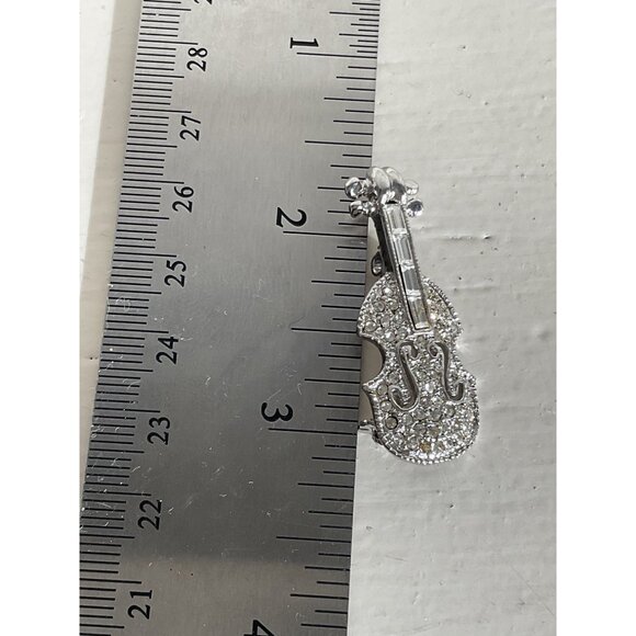 Silver Violin Brooch With Rhinestones Elegant Crystal Embellished Pin - Picture 3 of 3